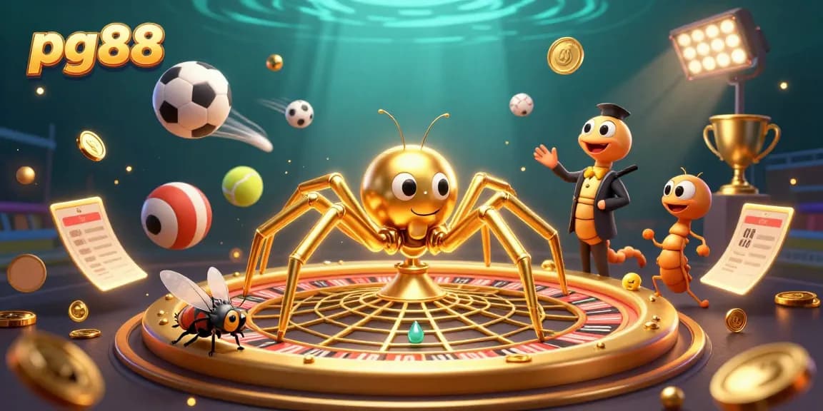 Engage with pg88 as the golden spider spins a roulette-themed web while sports betting elements fly around.