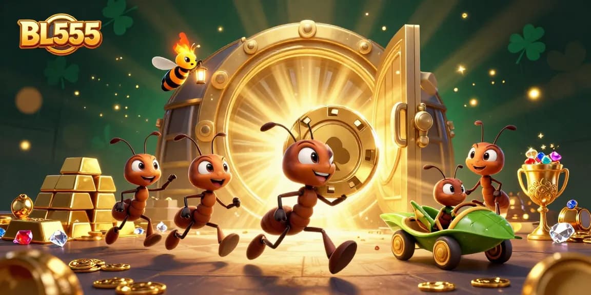 Experience thrilling gameplay at BL555 as cartoon ants steal a giant poker chip in a vibrant casino heist scene.