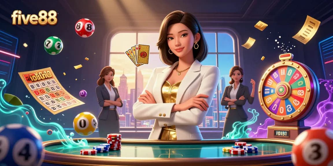 Engage with five88's thrilling gaming atmosphere, led by a powerful Asian woman in a glamorous casino setting.