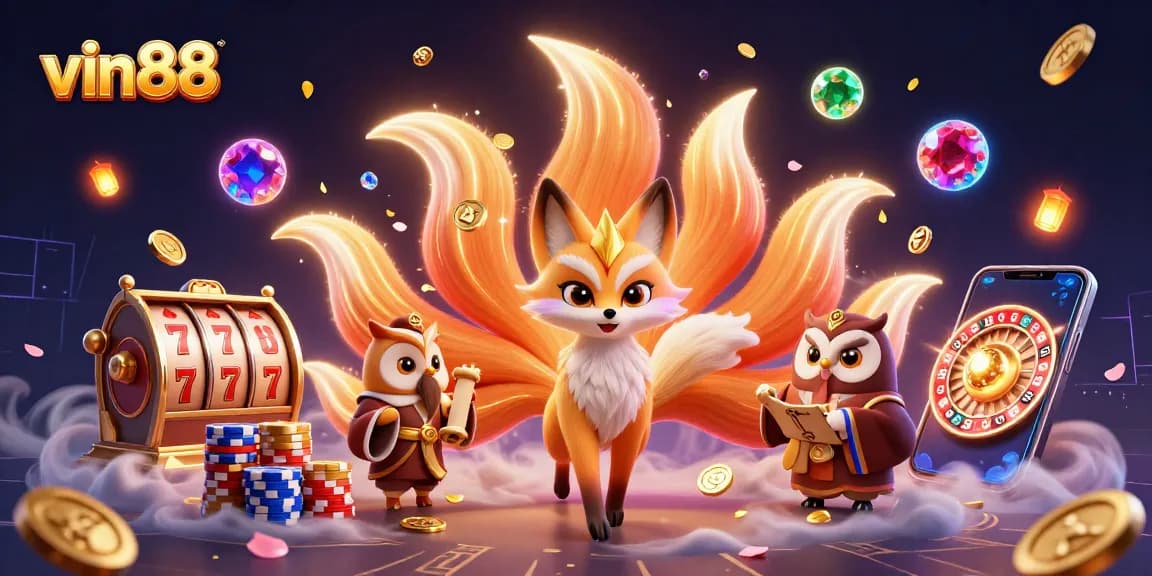 Experience captivating wins with Vin88's vibrant online gaming scene featuring dazzling slot machines and lively characters.