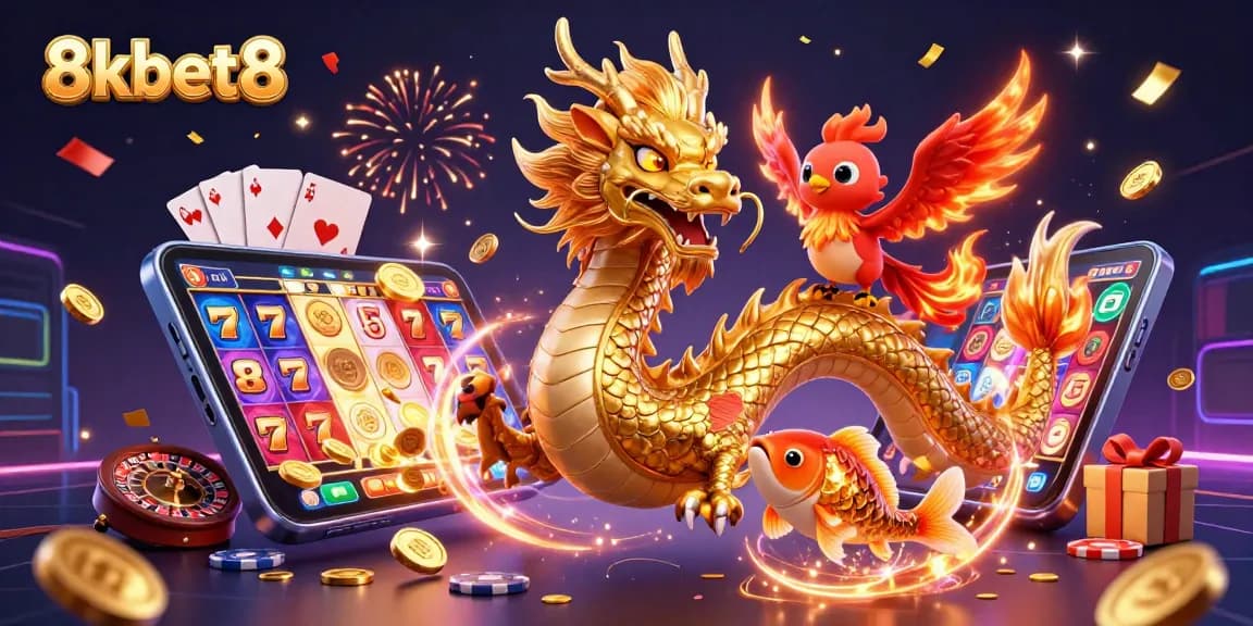 Engage with 8kbet8's vibrant casino scene featuring a golden dragon, phoenix, and coins.
