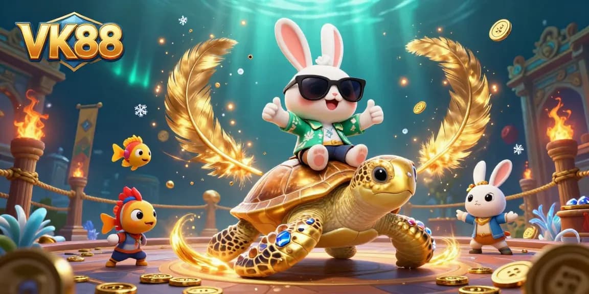 VK88 captivates players in an exciting underwater casino scene featuring lucky rabbit and golden turtle.