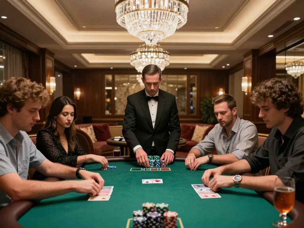 DH88 poker players strategizing their hands at a luxurious casino table.