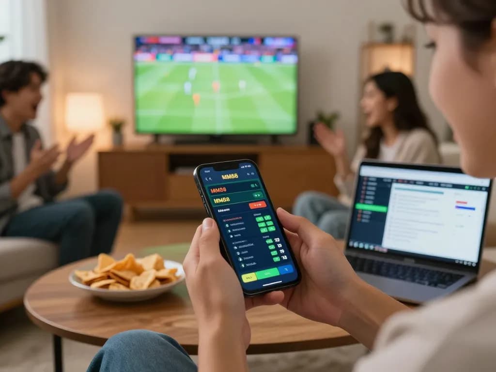Engaged players using the MM88 betting app during a live sports event at home, expressing excitement.