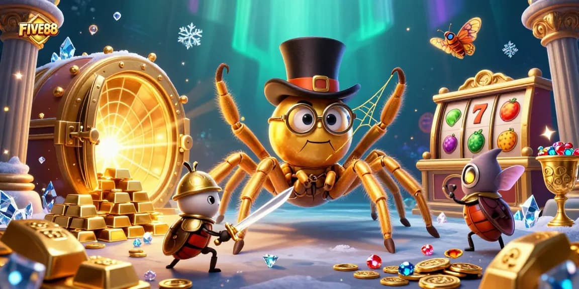 Join the excitement at FIVE88, where a golden tarantula spins a web of fortune in a vibrant casino scene.