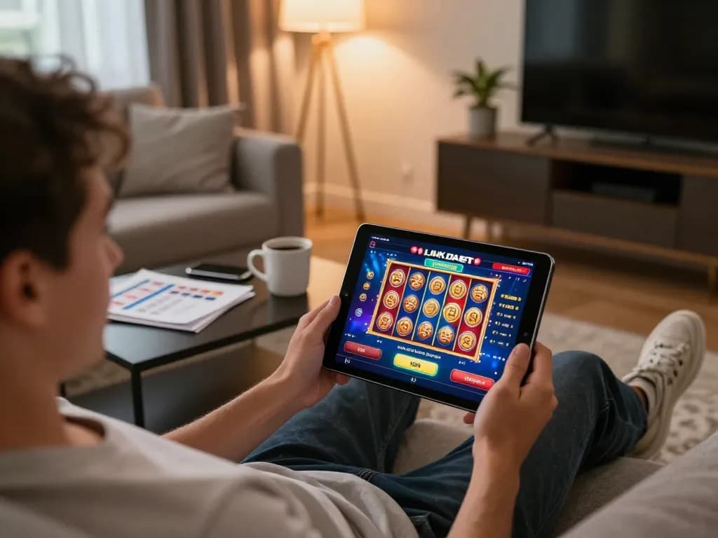 Engaging with LINK DABET app on tablet during cozy home gaming session with strategy notes.