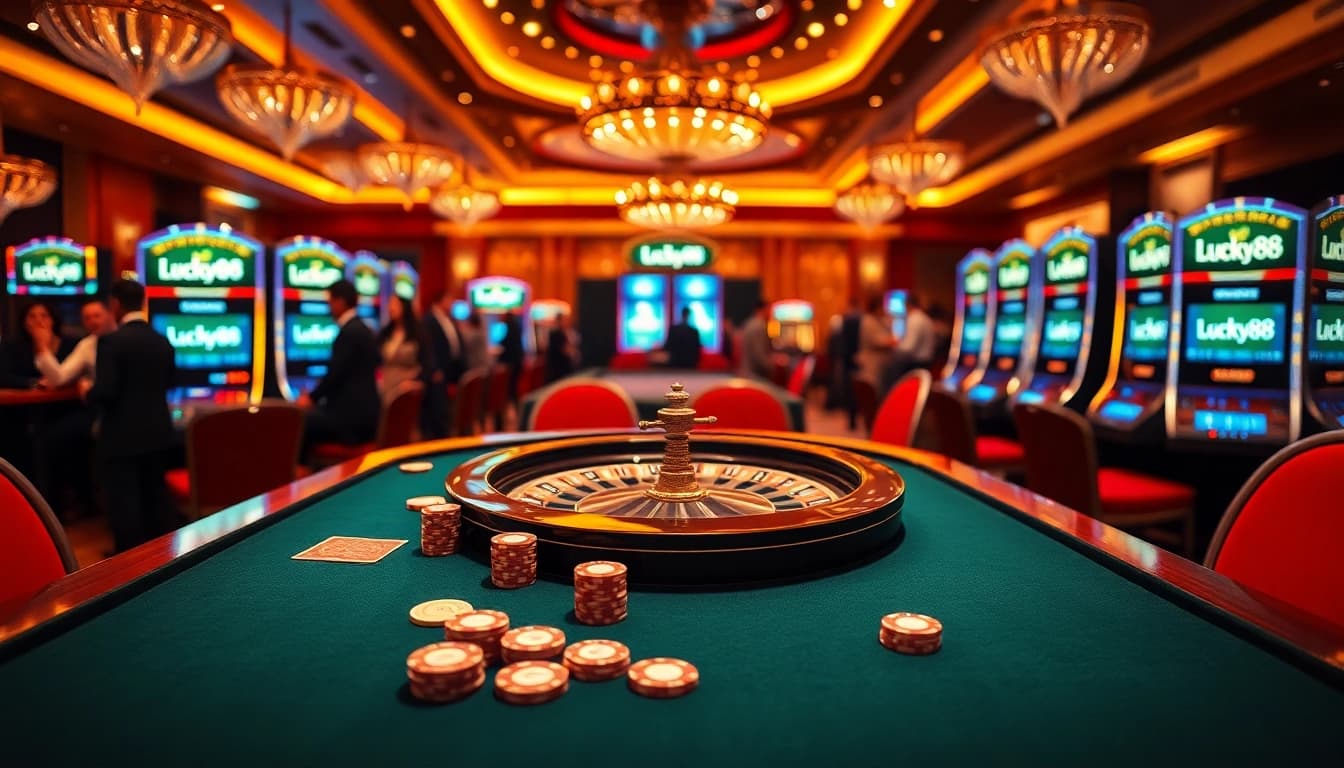 Engage in thrilling gameplay at Lucky88's upscale casino, showcasing poker and roulette.