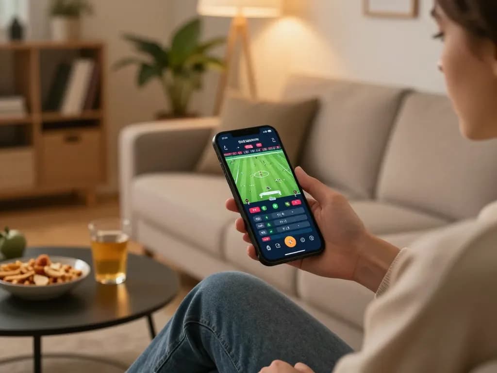 Cakhia mobile app user placing bets on live football matches in a cozy home setting