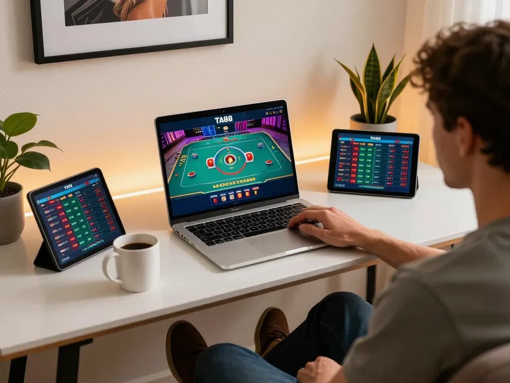 Playing casino games on the TA88 platform from a stylish home setup, engaging in online gambling responsibly