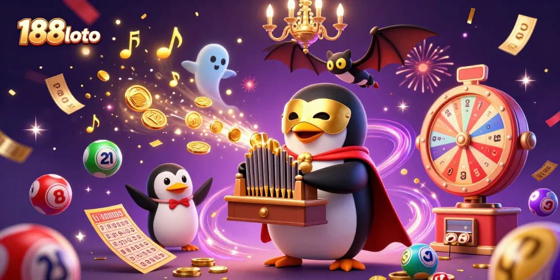 Engage with 188loto's lively casino atmosphere featuring a penguin playing an organ amidst golden coins and lottery excitement.