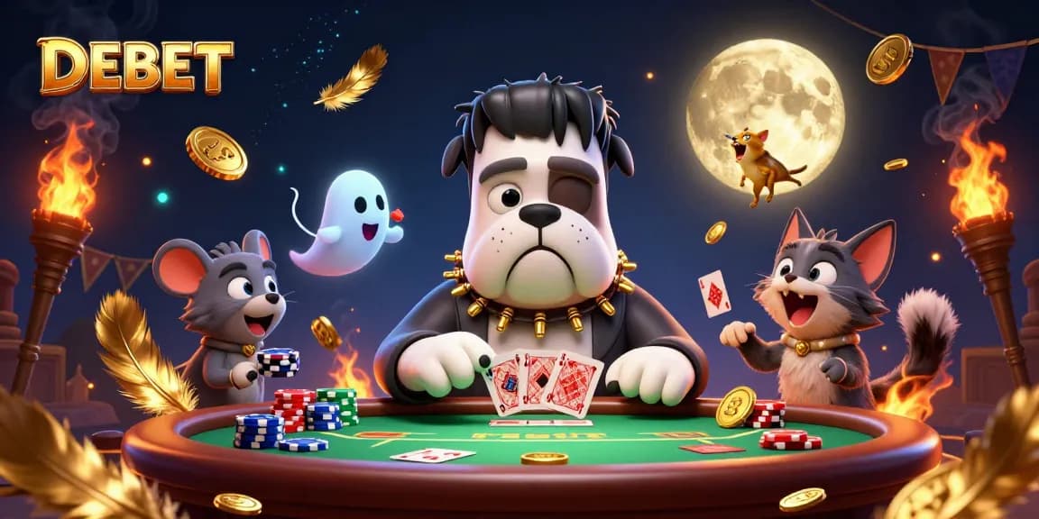 Engage with DEBET's thrilling casino scene featuring a Frankenstein bulldog dealer and interactive poker elements.