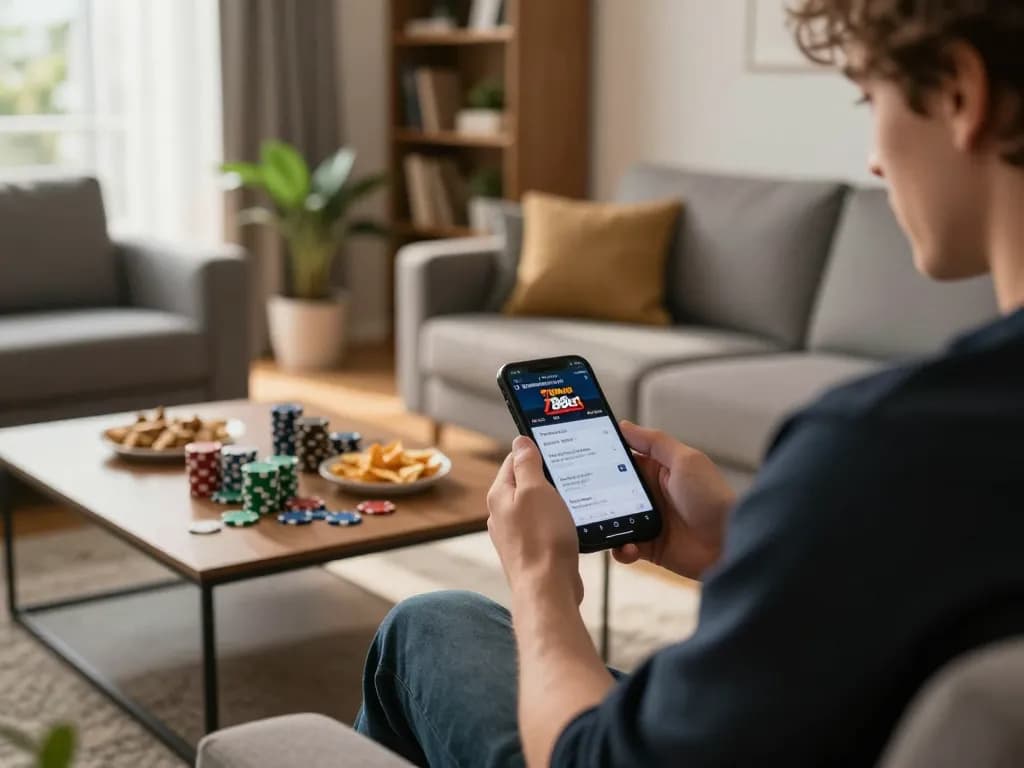 Person engaging with the 789bet app for online gambling from a cozy living room setup.
