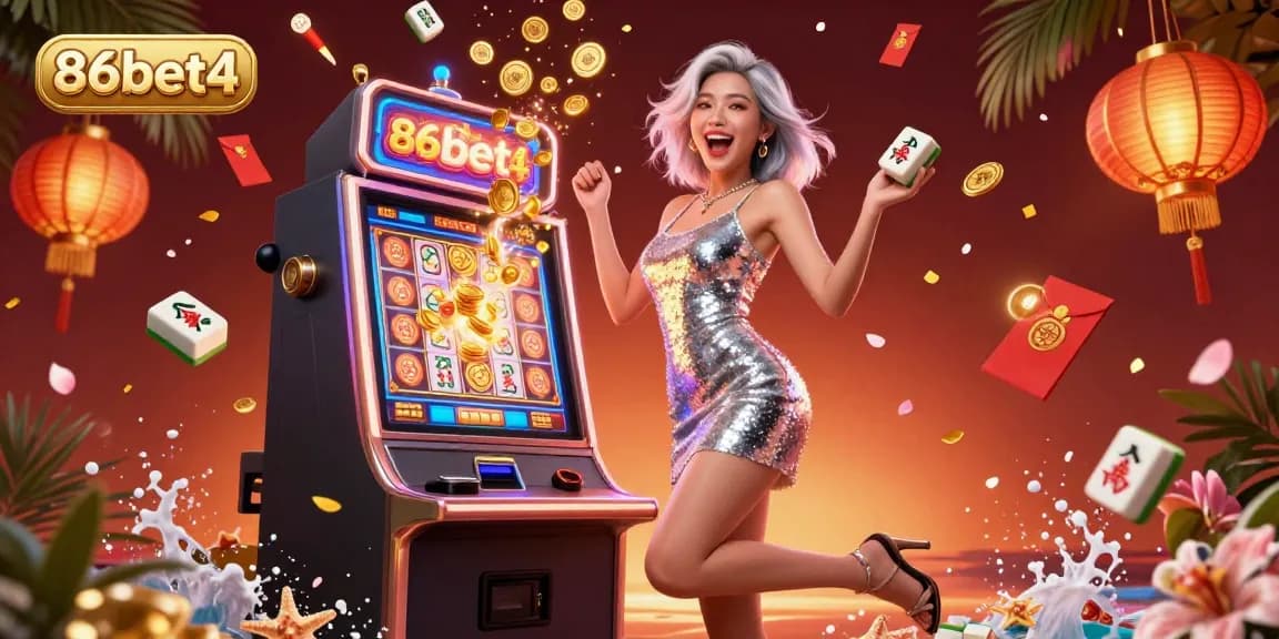 Experience thrilling jackpots at 86bet4 with a glamorous scene featuring exciting slot machines and celebratory moments.