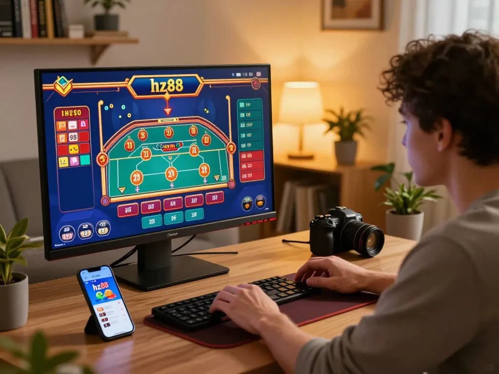 Engaging online gaming session using nhà cái hz88's interface on a tablet, showcasing a vibrant home gambling atmosphere.