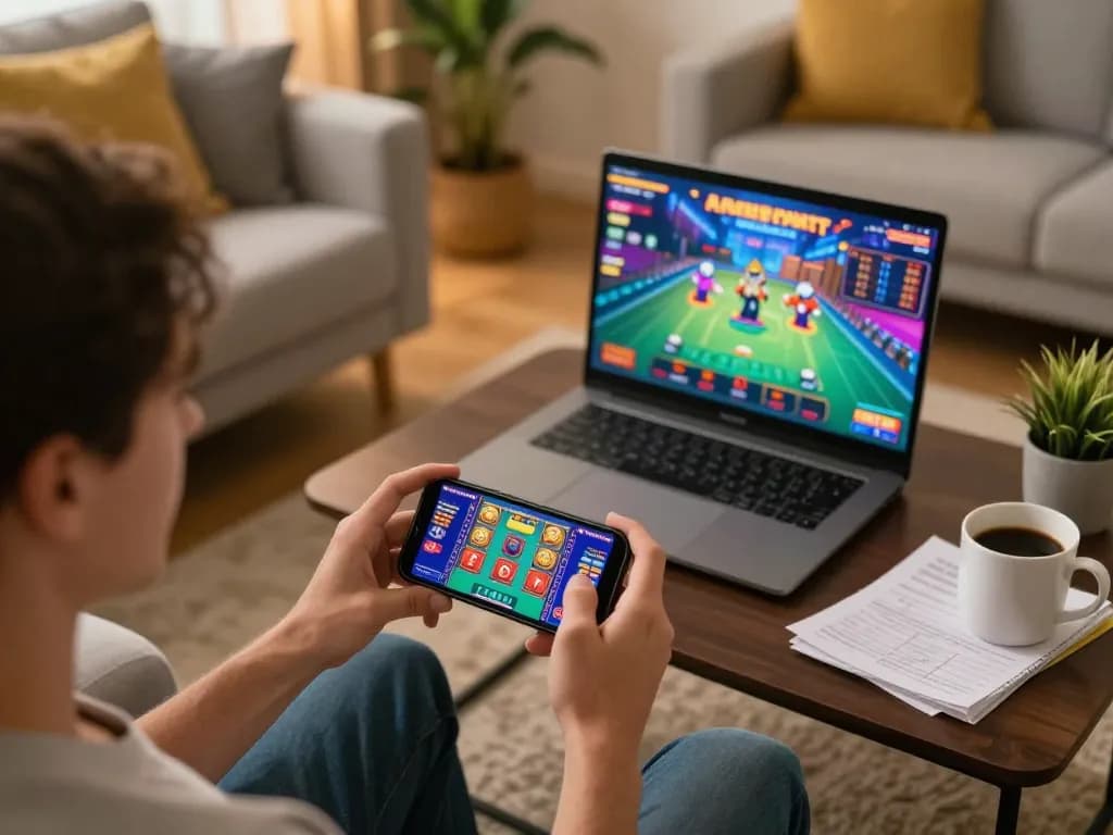 Player enjoying link W188 casino app at home, engaged in dynamic live gaming with colorful graphics