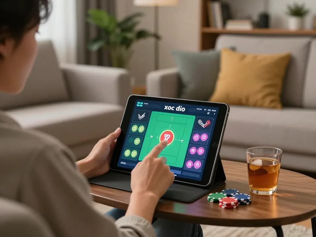 xóc đĩa online gaming session at home with tablet interface and cozy atmosphere