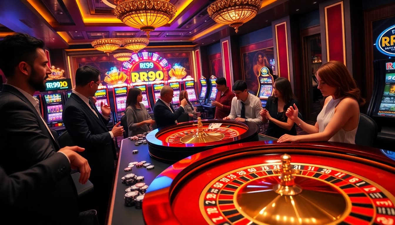 Experience the excitement of RR99 at a luxurious casino table with vibrant lights and eager players.