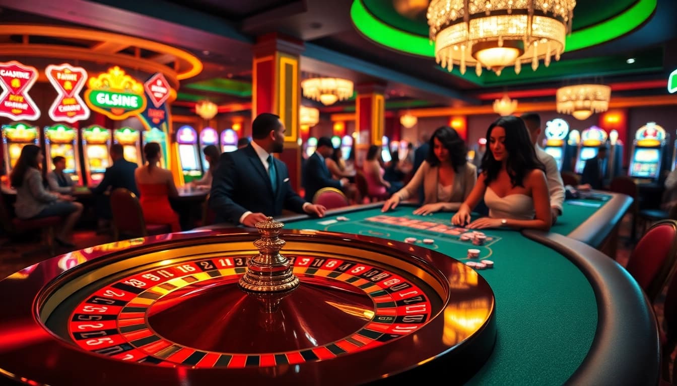 People enjoying a lively KJC casino, showcasing poker, roulette, and slot machines.