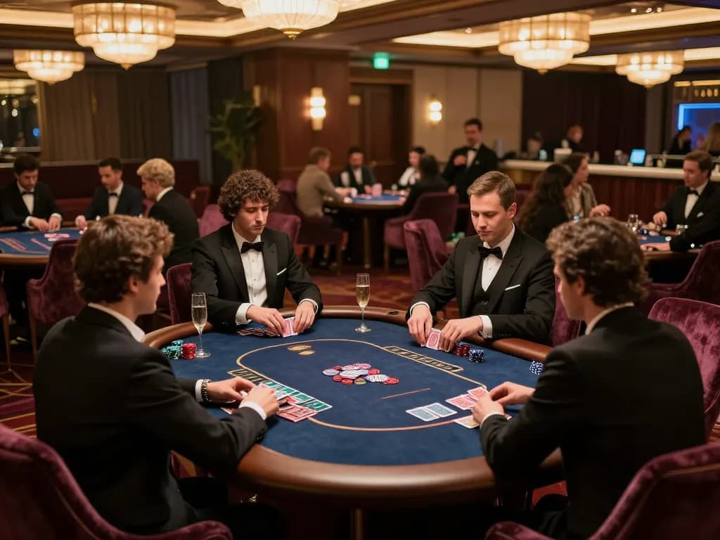 An intense poker game in a luxurious VIP area at ok365 casino with players, chips, and warm lighting