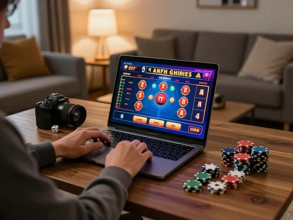 Player engaged with 99ok online gaming setup, showcasing vibrant casino graphics on laptop screen.