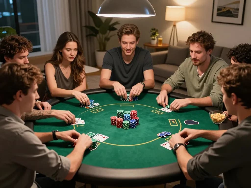 Friends enjoying a competitive poker game at home, featuring 3WIN poker chips and vibrant atmosphere.