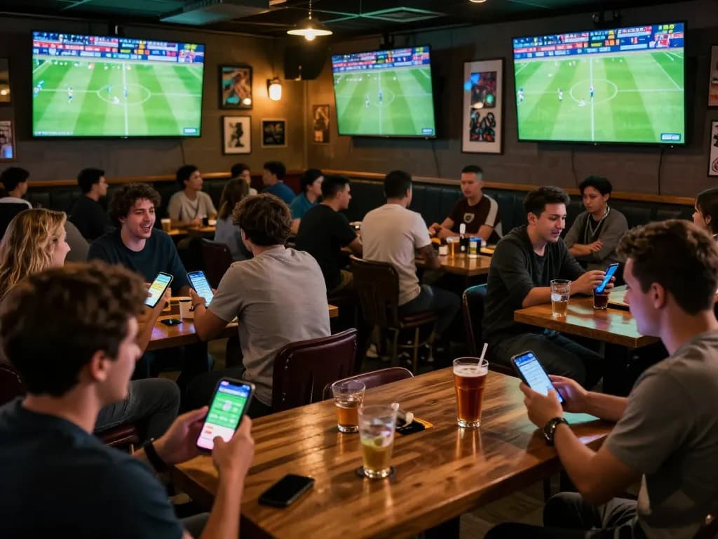 Xoilactv sports fans engaged in live streaming soccer matches while using betting apps in a lively bar.