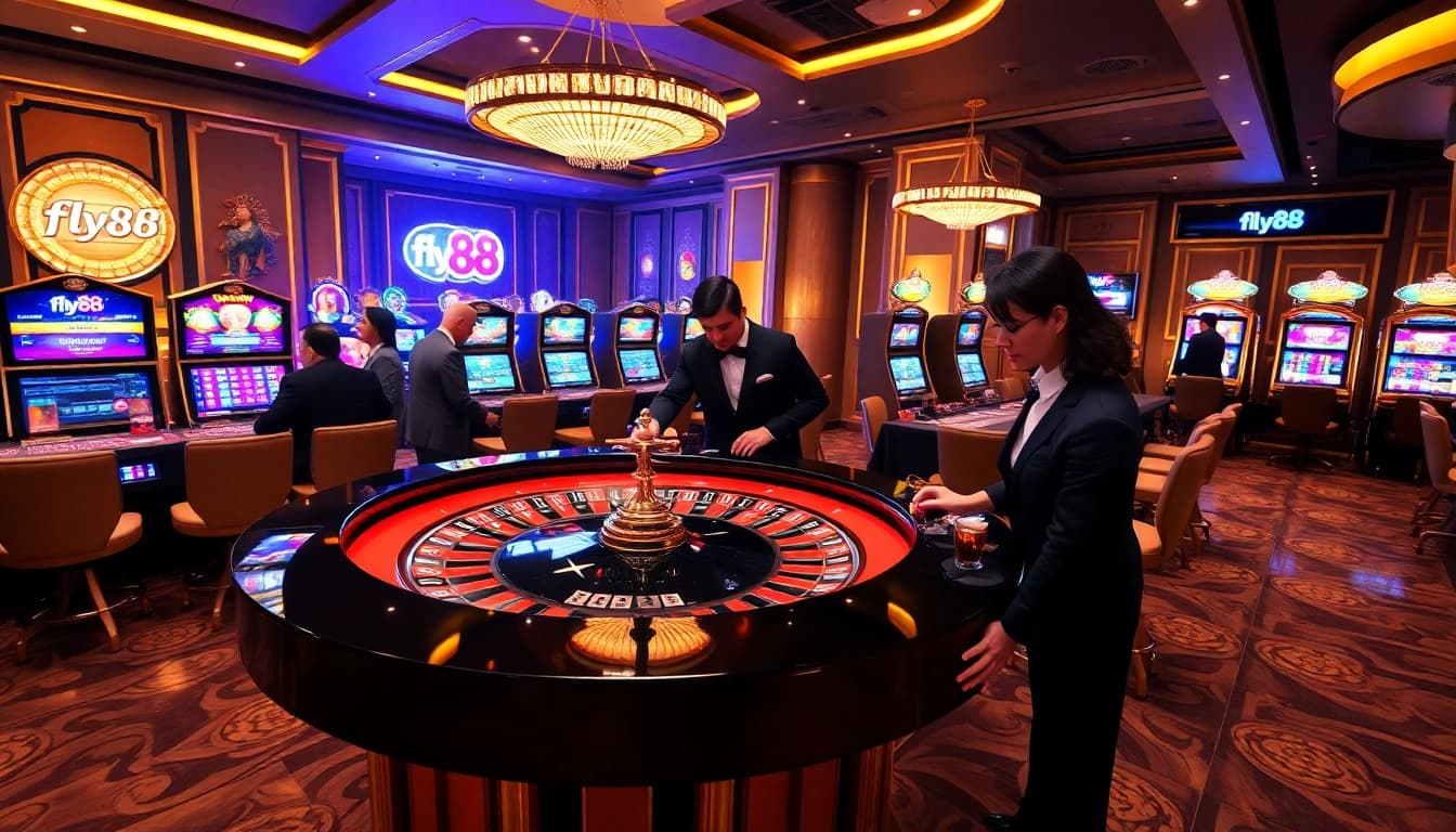 Experience the excitement of fly88 with vibrant casino gameplay featuring roulette and slot machines.