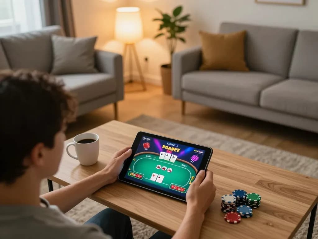 Engaging in online gaming at home through Trang Chủ O8, showcasing poker gameplay on tablet.