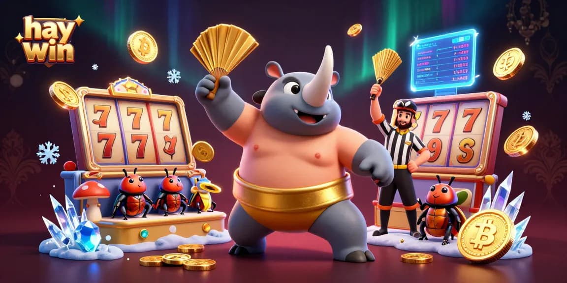 Experience wins at hay win with a dynamic scene featuring a beetle champion and slot game elements.