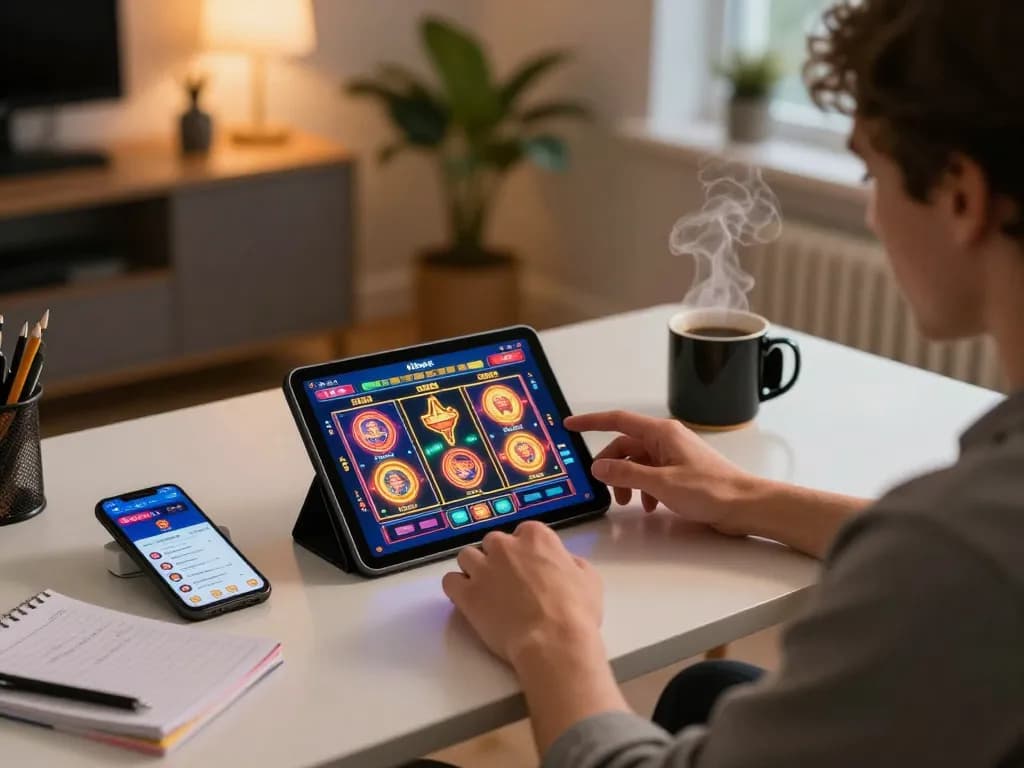 Person enjoying engaging online gaming experience with 11bet app on tablet at cozy home setup.
