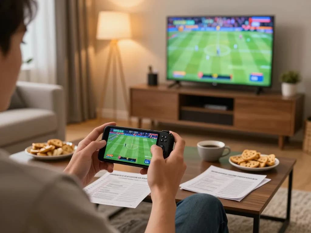 Engaging in LINK VUA88 sports betting on smartphone in a cozy living room setting.