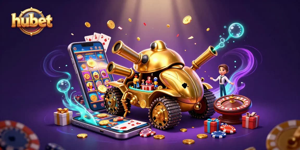 Engage with hubet's exciting world via this vibrant 3D casino tank illustration brimming with games.