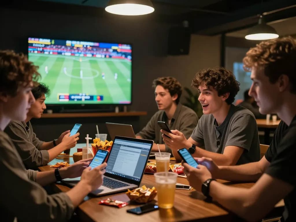 Friends engaged in sports betting excitement, analyzing odds on 11BET mobile app during live game.