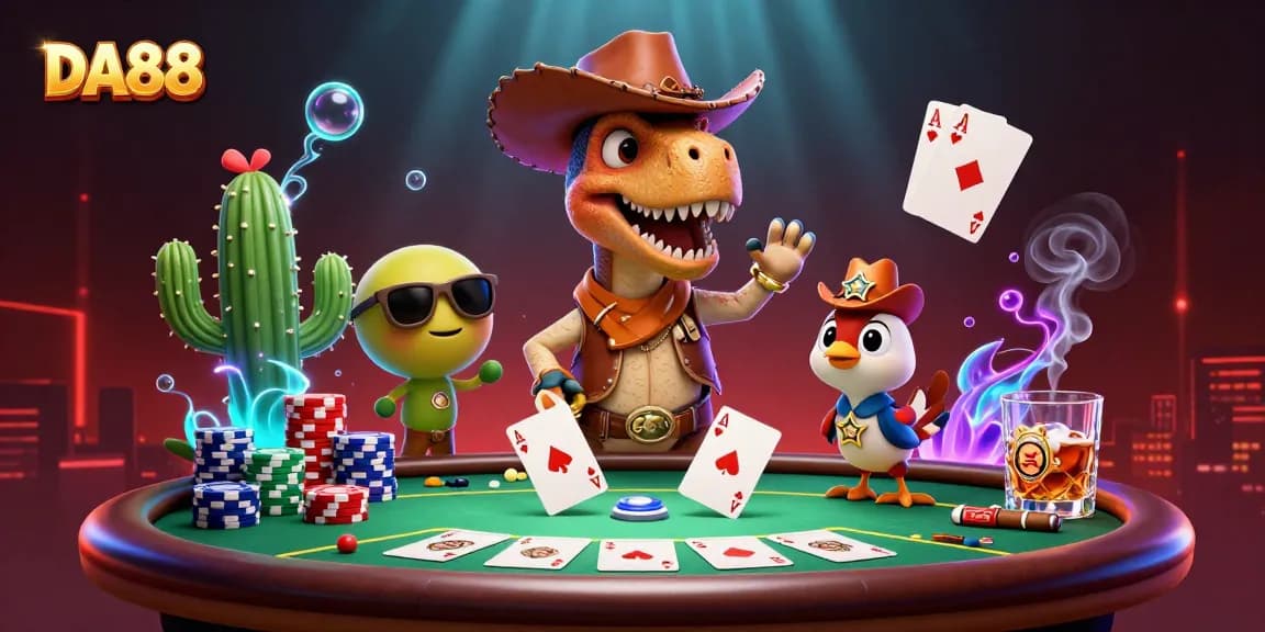 DA88 players engaging in a vibrant poker scene featuring animated characters and bold game elements.