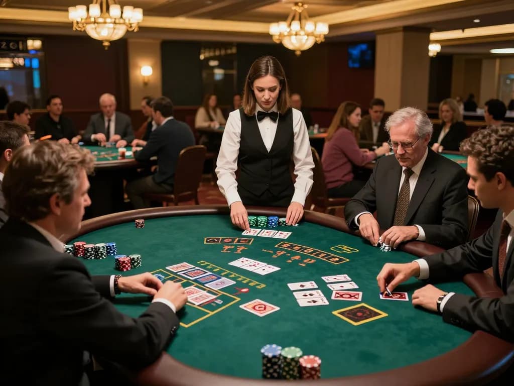 Players strategizing at a blackjack table, engaging with vb88 bets in an elegant casino.