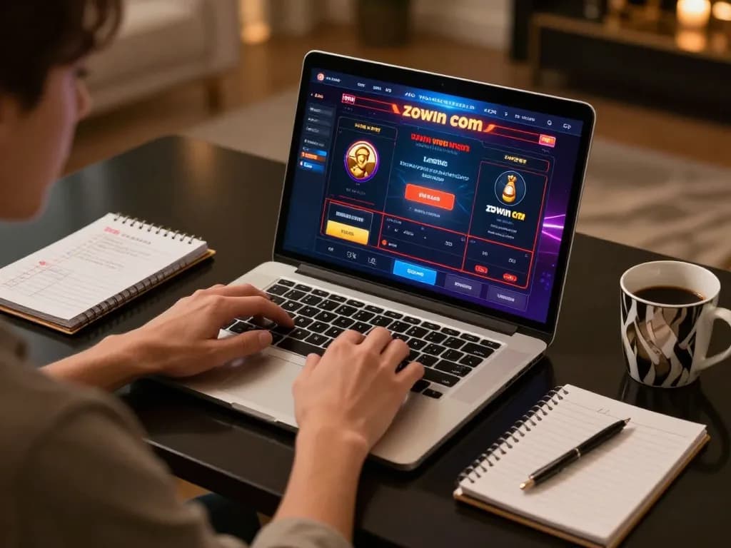 Engaging gameplay at zowin com using a laptop, showcasing online casino strategy in a cozy setting.