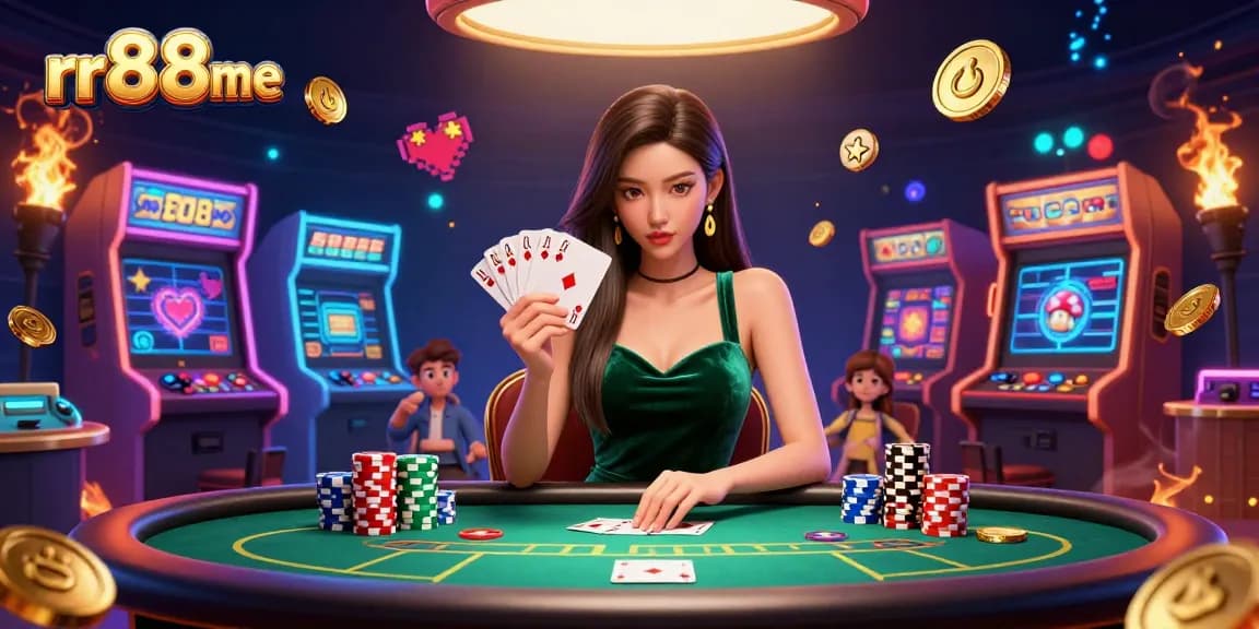 Experience thrilling poker action at rr88me with a stunning Asian dealer showcasing her cards.