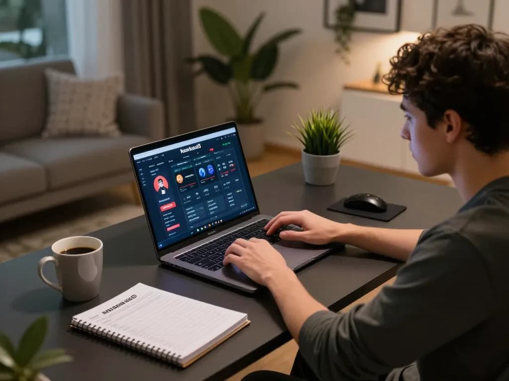 Engaging with keonhacai5 betting interface on a laptop in an elegant home office setting