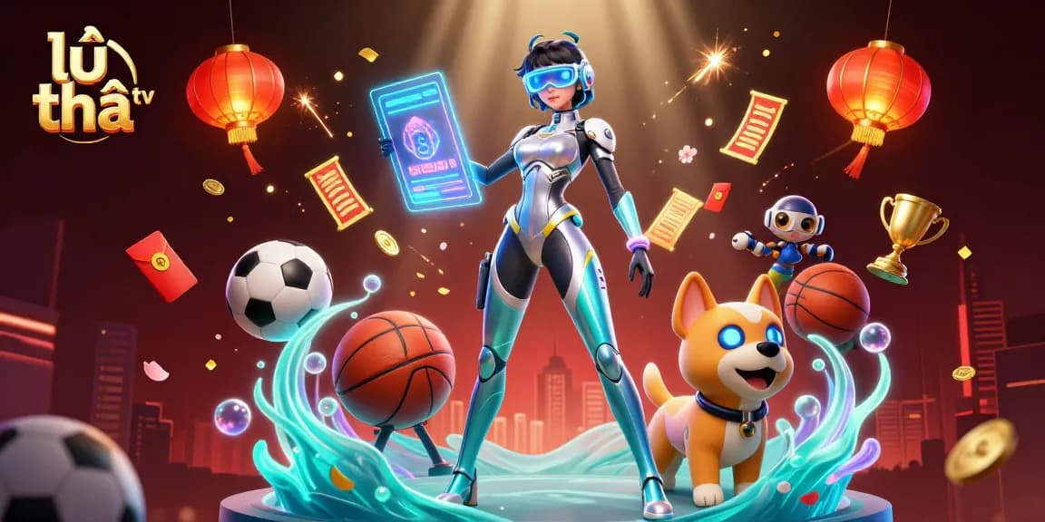 Engage in thrilling gameplay with lẩu thái tv featuring a futuristic woman and robot dog in a vibrant casino atmosphere.