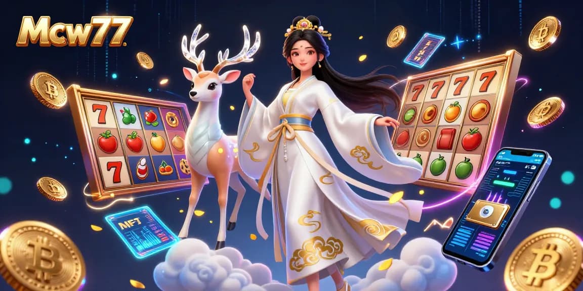 Experience thrilling jackpots at Mcw77, featuring a stunning Asian woman in modern hanfu with vibrant slot elements.