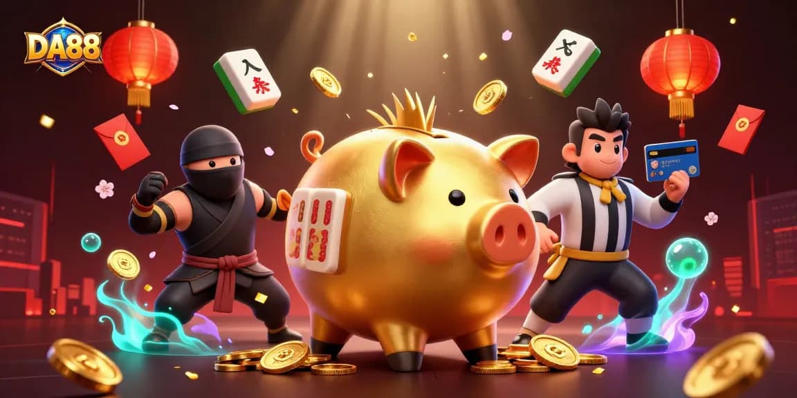DA88 showcases sports betting excitement with vibrant characters, golden coins, and rich casino elements.