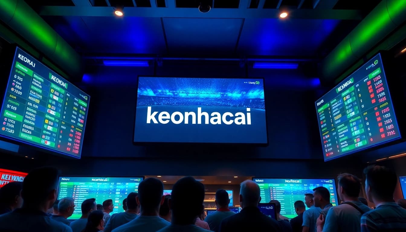 Interactive keonhacai betting scene displaying real-time football odds and enthusiastic fans.