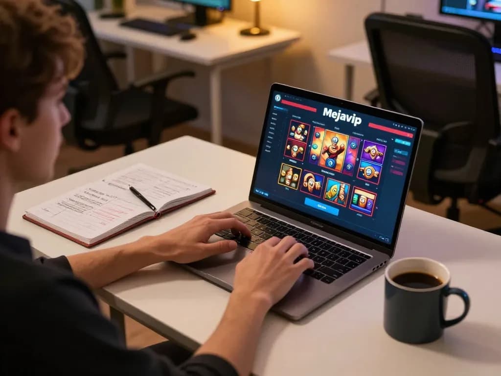 Terlibat dalam mejavip slot online dengan pengaturan permainan yang tertata, menampilkan catatan strategi dan suasana hangat.
