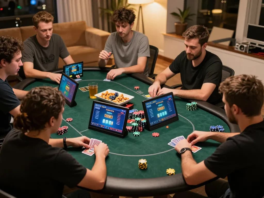 Players engaged in LINK VB88 online poker, showcasing strategic gameplay in a cozy home setting.