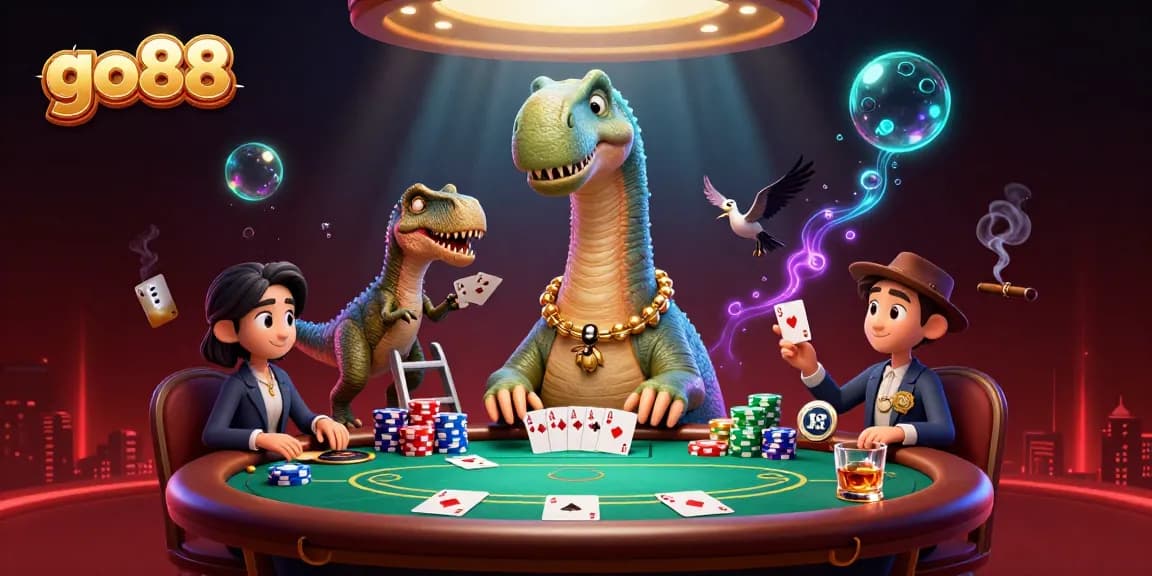 Engage with go88's thrilling gaming world as a dinosaur dealer oversees an exciting poker game.