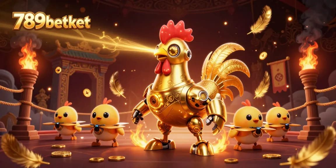 Engage in thrilling action with the golden rooster robot and 789betket, showcasing vibrant gaming elements.