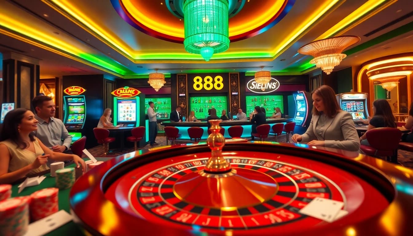 Players enjoying casino games like roulette and slots at 888NEW's luxurious venue.