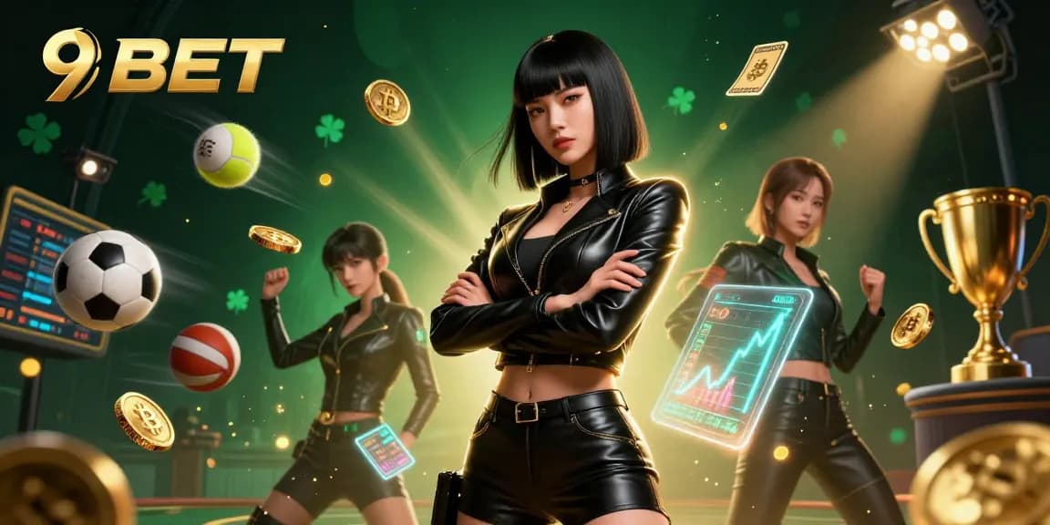 9BET showcases a stunning Asian woman embodying the excitement of online betting with sports elements around her.