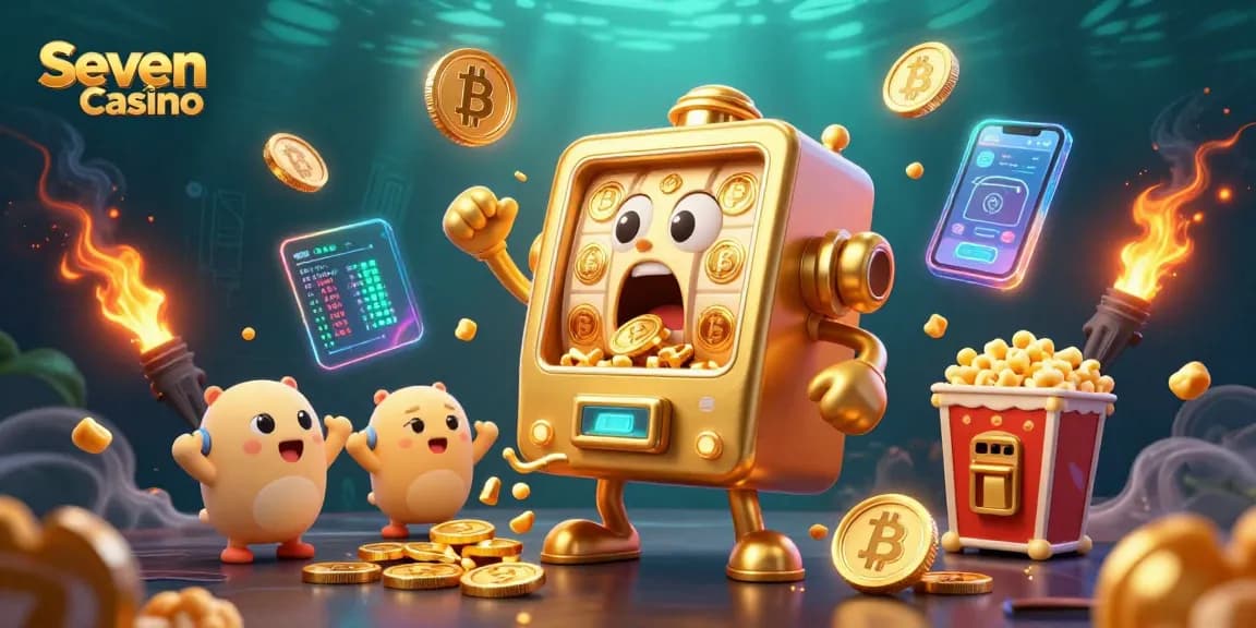 Engage with the thrilling action of Seven Reels Casino showcasing a lively jackpot scene with cartoon slot machines.