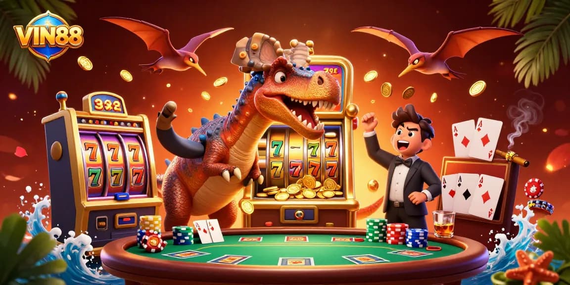 Experience the thrill of VIN88 as a dinosaur triggers a jackpot, amidst vibrant casino elements.